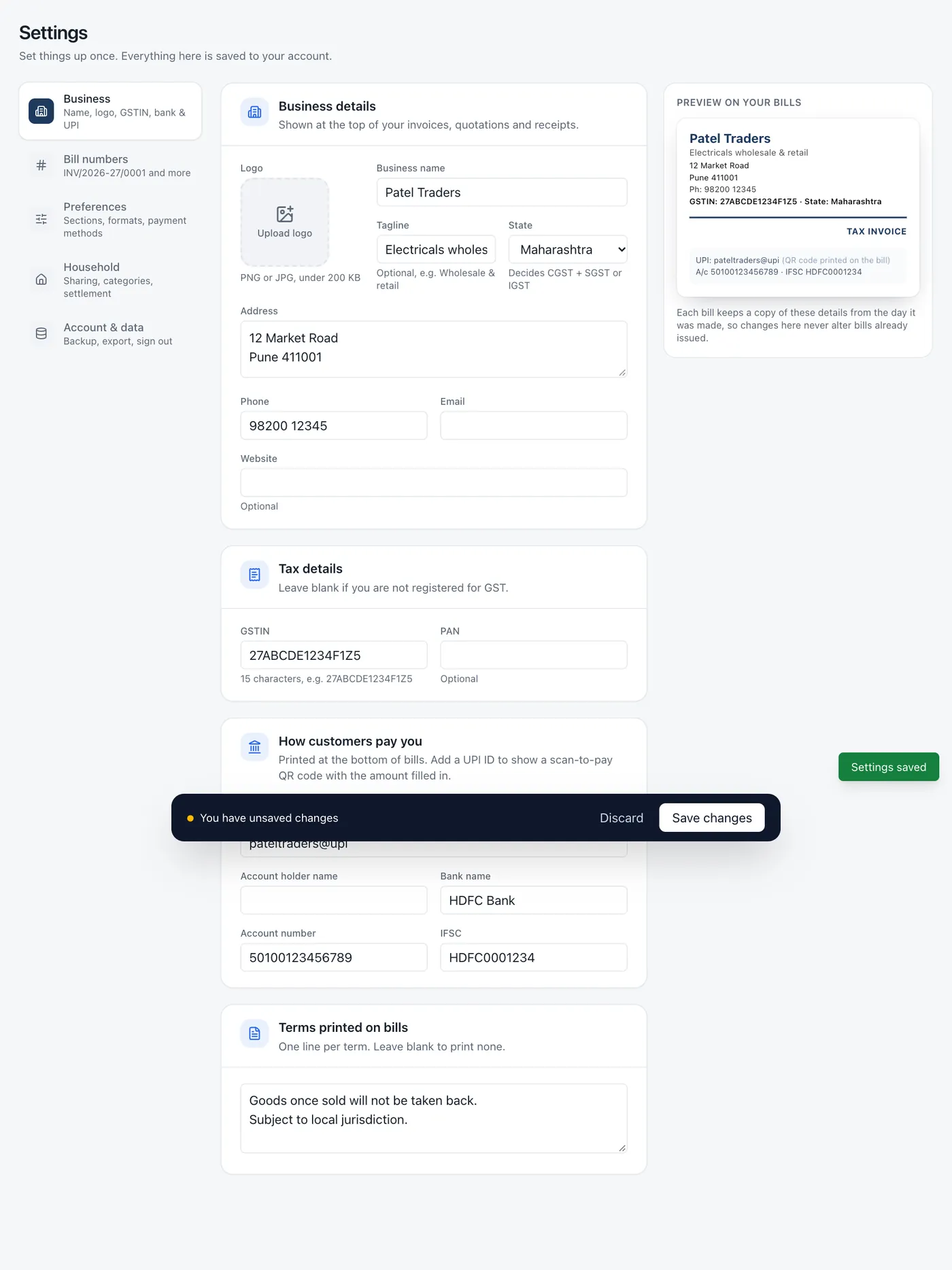 Business tab in Settings