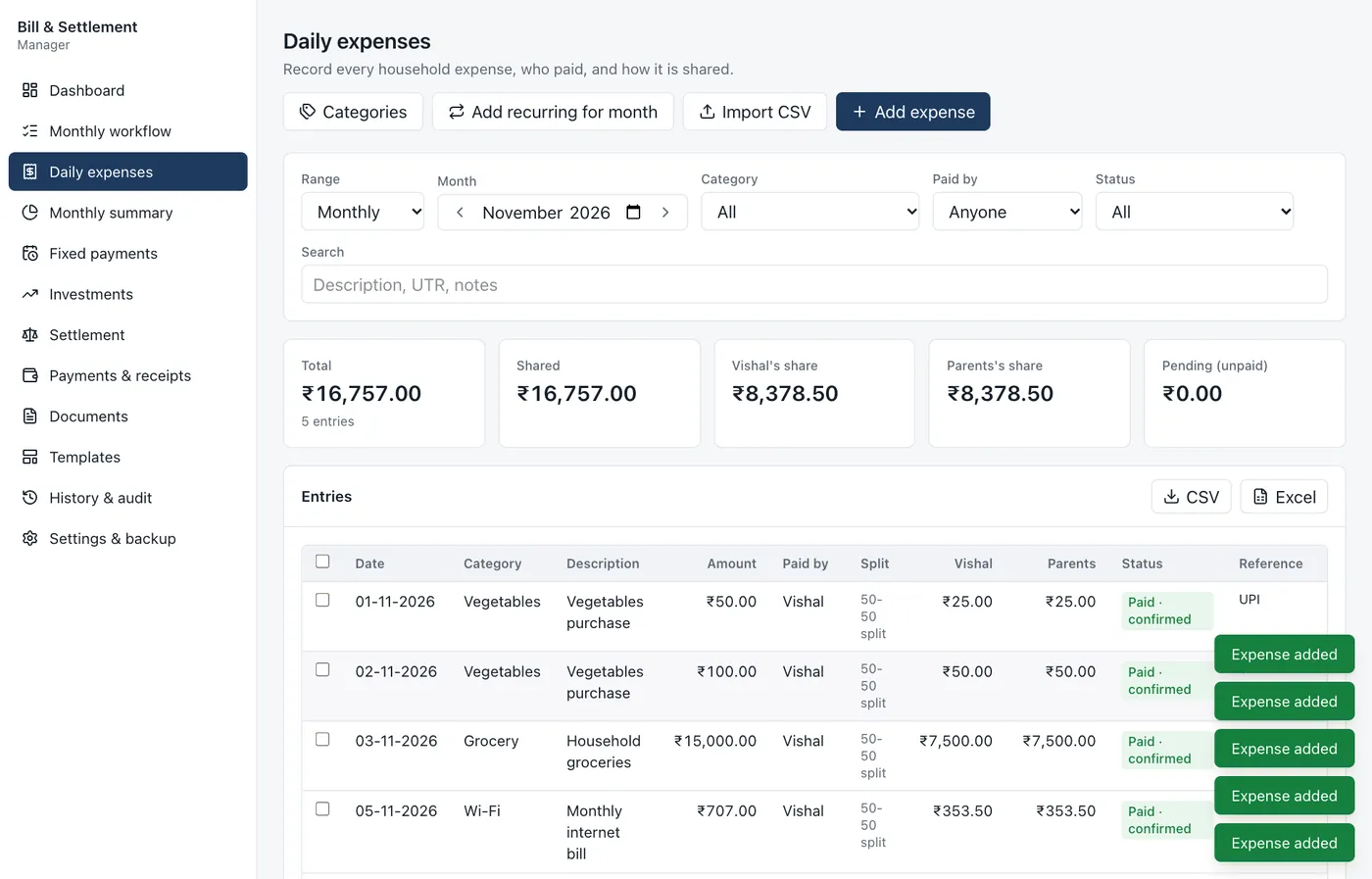 Expenses list