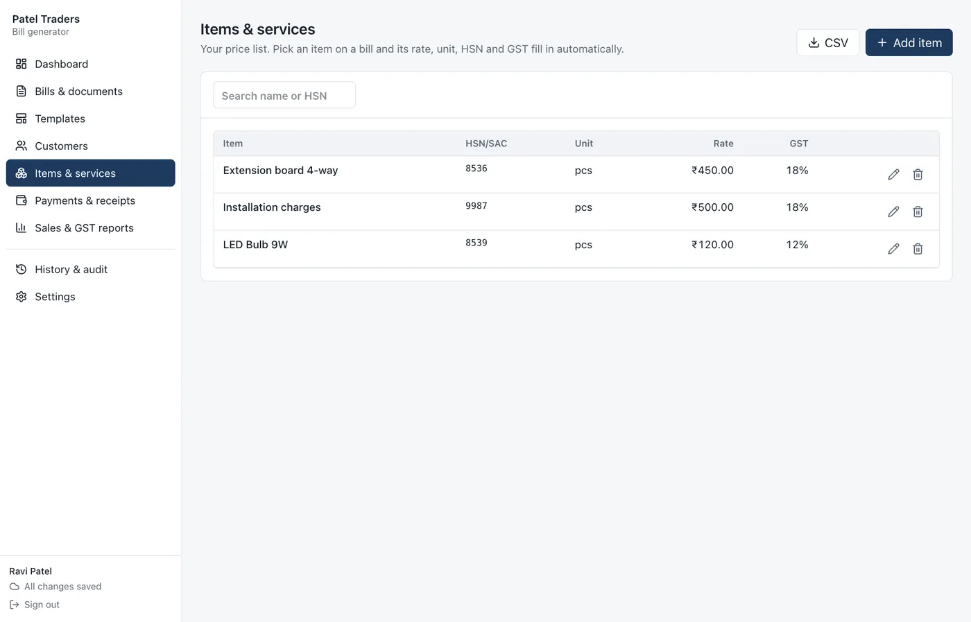 Items list