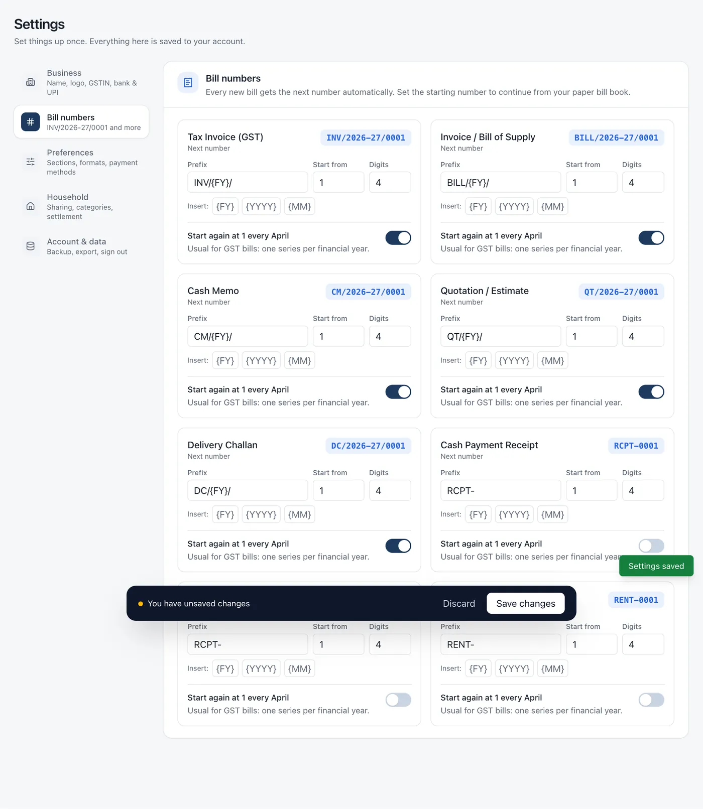 Bill numbers tab
