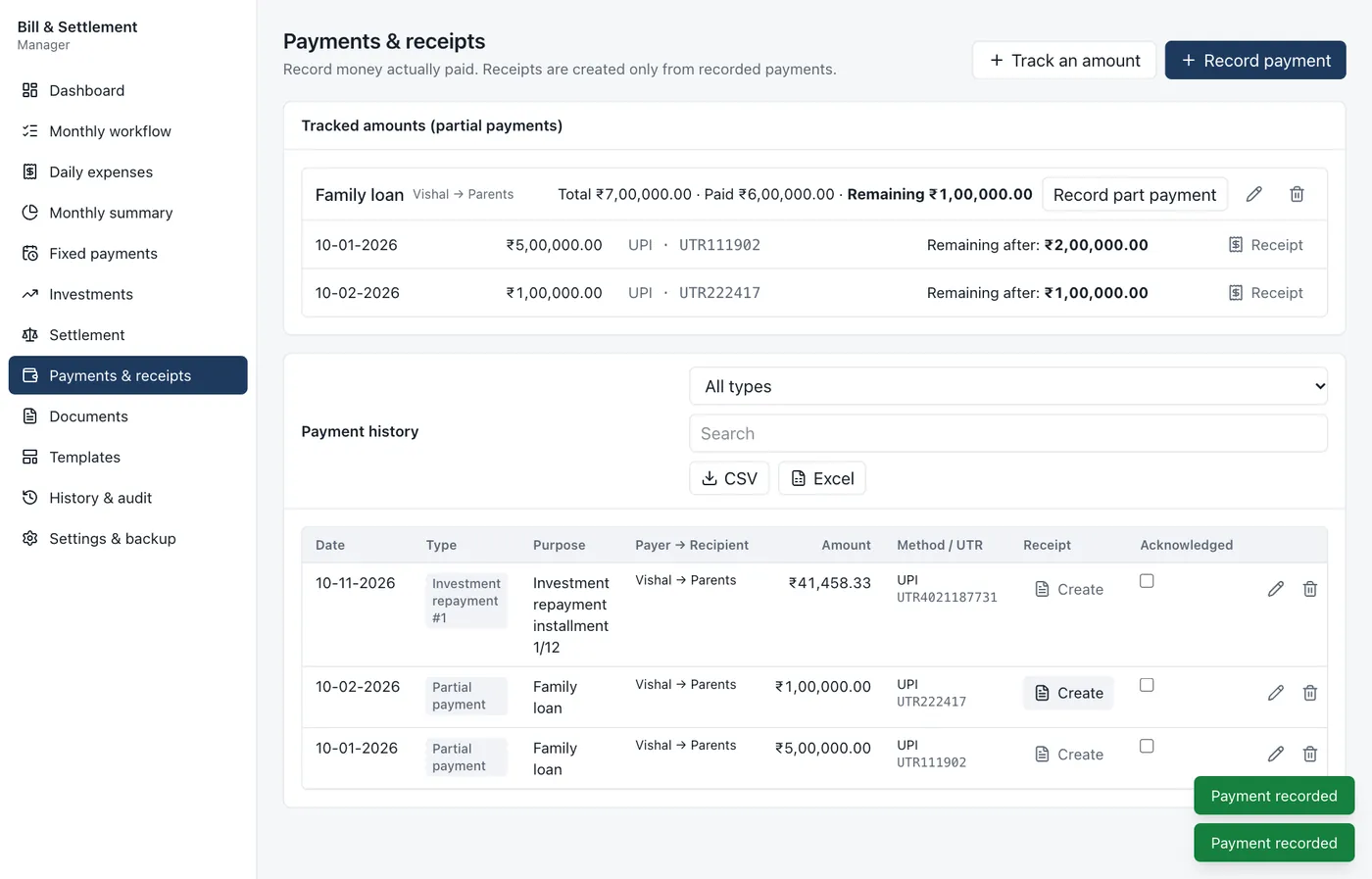 Payments and tracked amounts