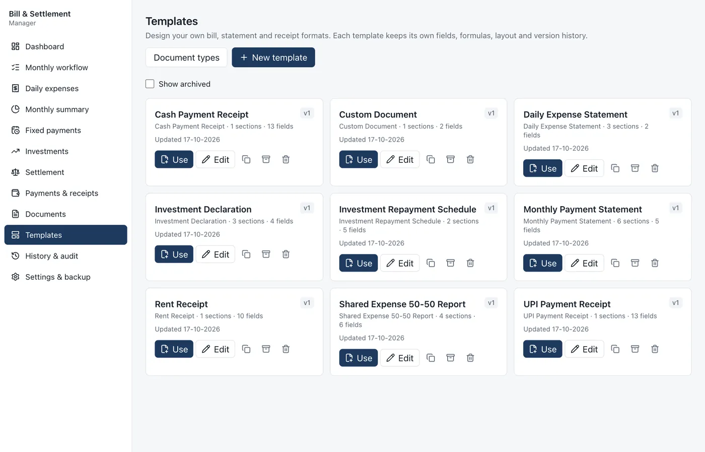 Templates list