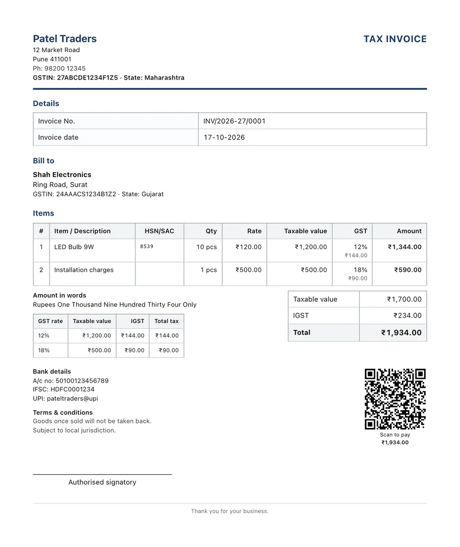 GST tax invoice with business letterhead, items with HSN codes, IGST, amount in words, bank details and a UPI QR code