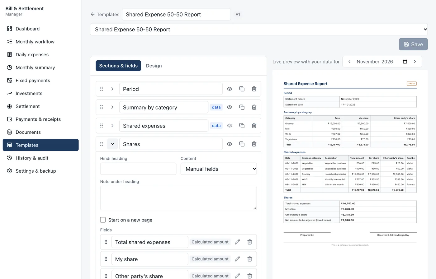 Template builder with draggable sections beside a live document preview